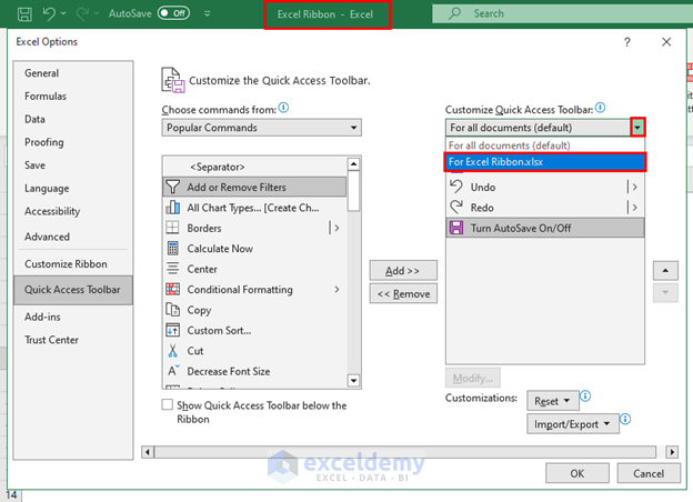 Customizing Quick Access Toolbar for current workbook