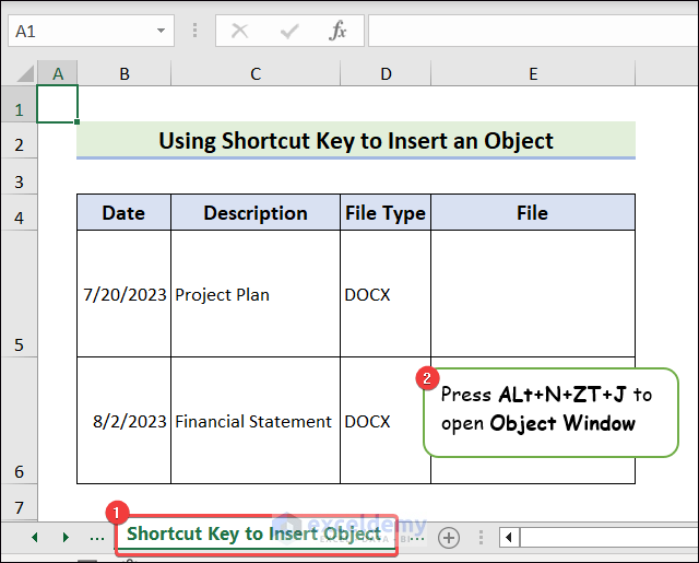 Choose intended sheet and press shortcut keys to open Object window