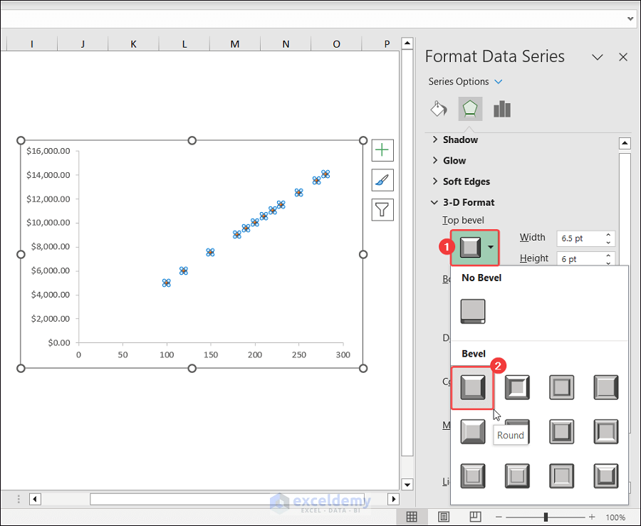Click on Top Bevel and select Round to plot 3d scatter chart