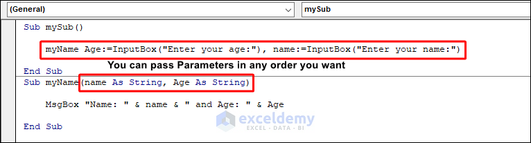 Code to call a sub with named parameters