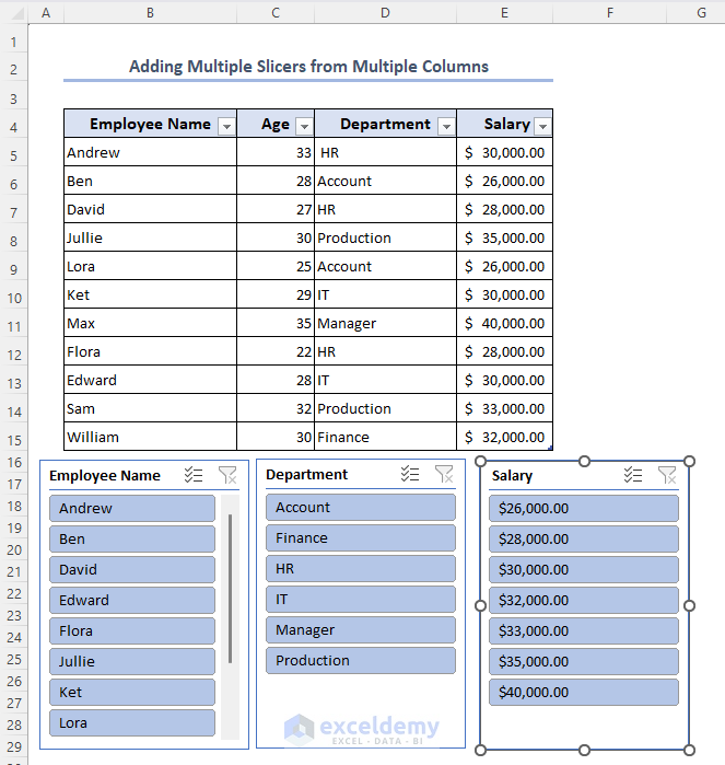 Multiple slicers added to Excel for multiple columns