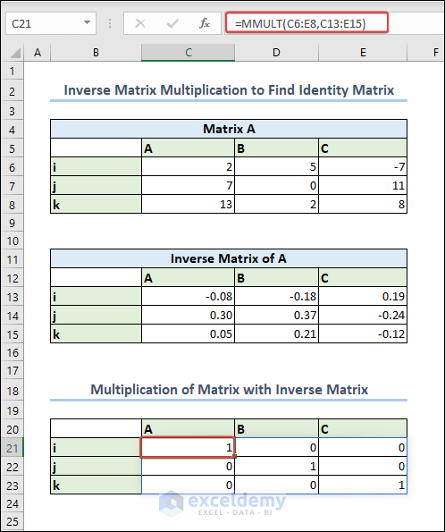 Multiplication of Matrix with Inverse Matrix to Get Identity Matrix