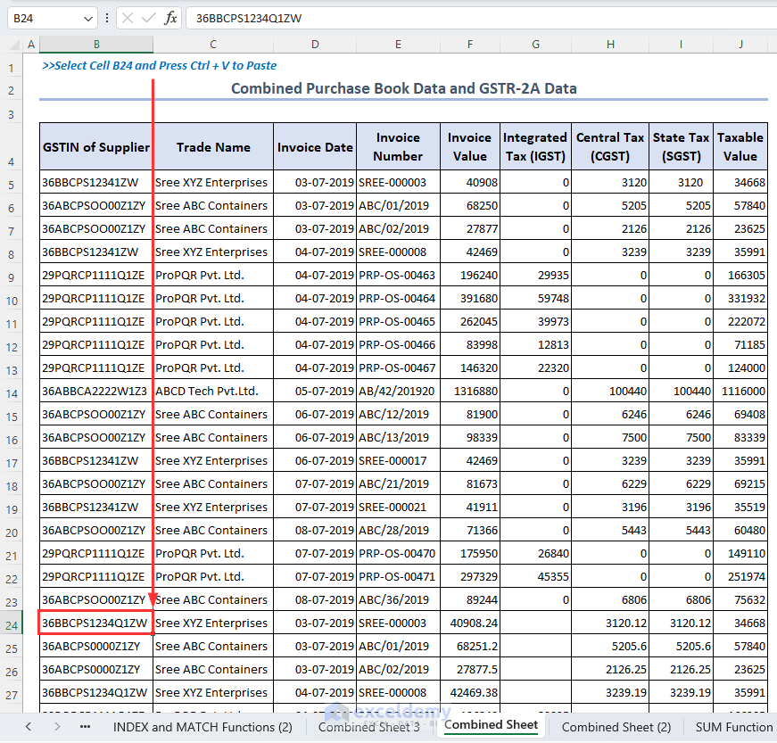 Pasting whole GSTR-2A dataset in “Combined Sheet”