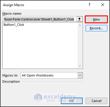 Select New option in the Assign Macro box