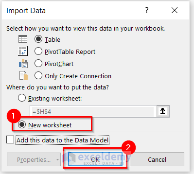 Selecting New worksheet in Import Data