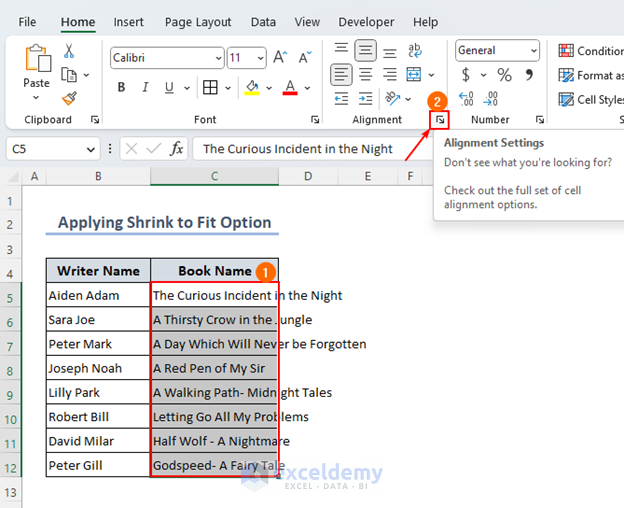 Selecting dialog box launcher to fit long text in one cell in excel