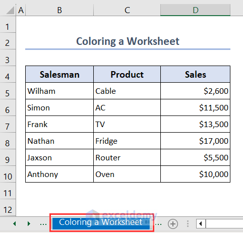 Showing colored Sheets tab