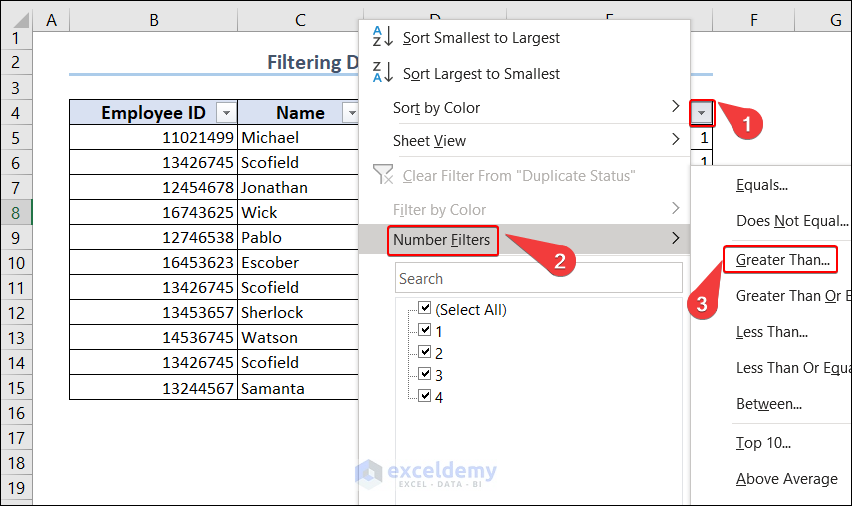 Using Number Filters Option