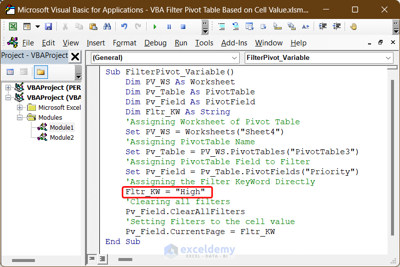 VBA Code to Create a Filter Based on a Variable Using Excel VBA