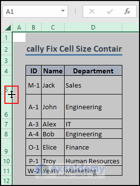 11- double clicking at the row border to fix cell size automatically