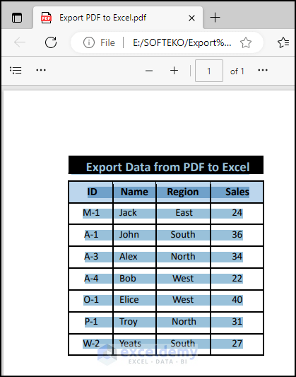 11- selecting dataset from pdf to export data from PDF to Excel through Microsoft Word