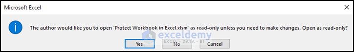 11- selecting yes no from read only dialog box to protect workbook in Excel