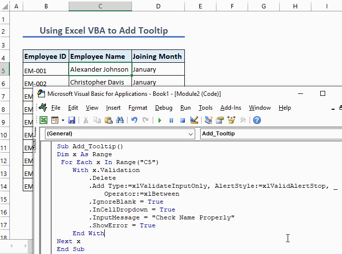 Run code to add Excel tooltip on hover using VBA code