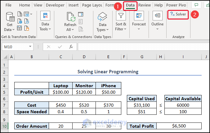 Selecting Solver from Data Tab