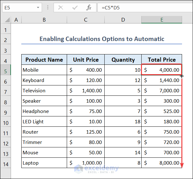 Enable Calculations Options to Automatic