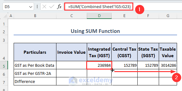 Applying SUM function to get total GST values as per book data