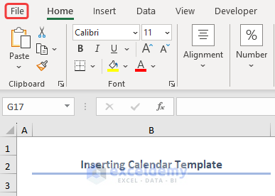 Choosing File tab from the worksheet to insert calendar template