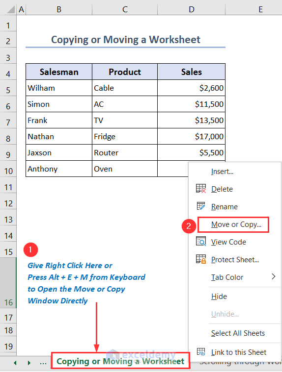 Choosing Move or Copy option from Sheets tab
