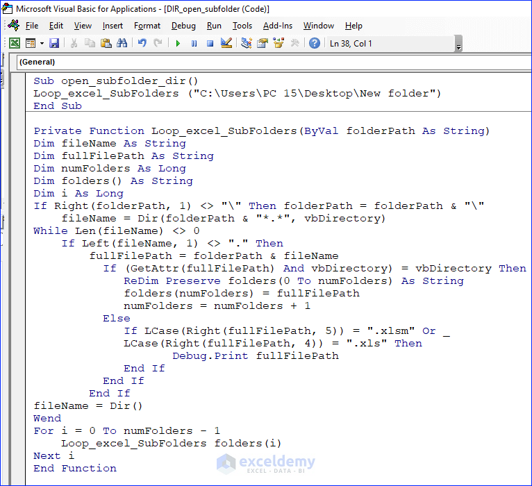 VBA Code to Loop Through Subfolders in Excel