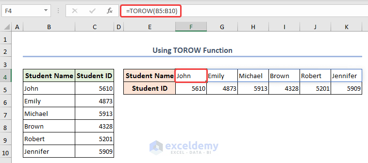 Formula of TOROW function to rearrange data into a single row