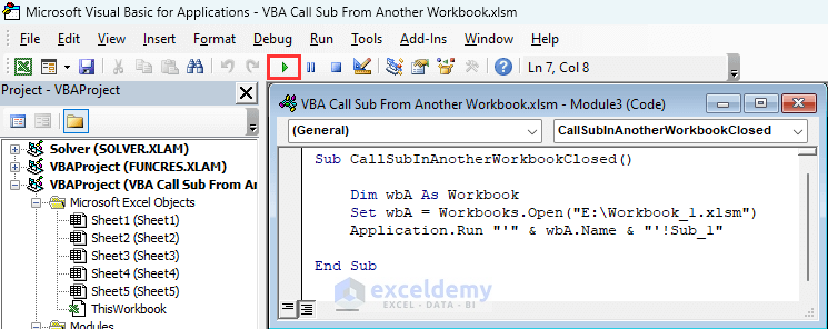 Inserting code to call sub from a closed workbook