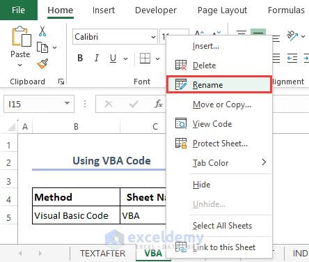 Renaming a sheet from shortcut menu