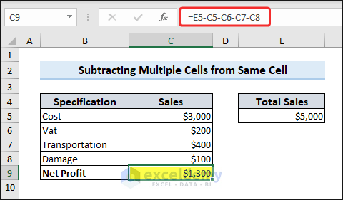 Subtract multiple cells from same cell