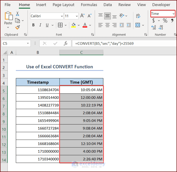 Using Excel CONVERT Function to Convert Unix Timestamp to Time