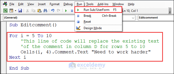 VBA code to edit cell comment