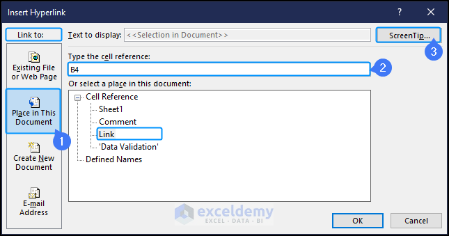 insert hyperlink window for adding cell reference