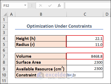 results after optimization in excel