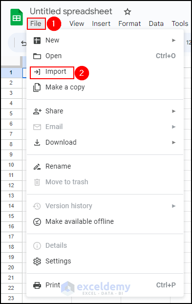 12- selecting importing option from file menu to unprotect Excel workbook using google sheets