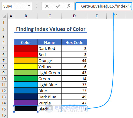 using custom function to get the index color value in Excel