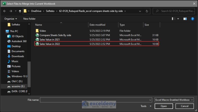 Choosing the file to be compared from the file manager