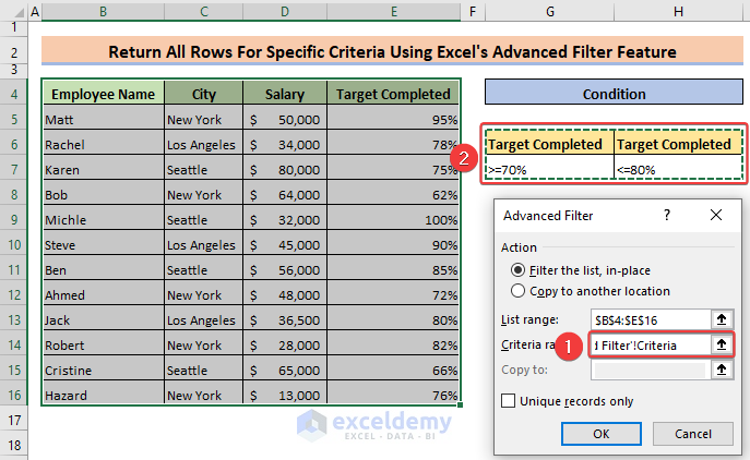 Giving criteria in the advanced filter selection box for filtering data based on the criteria