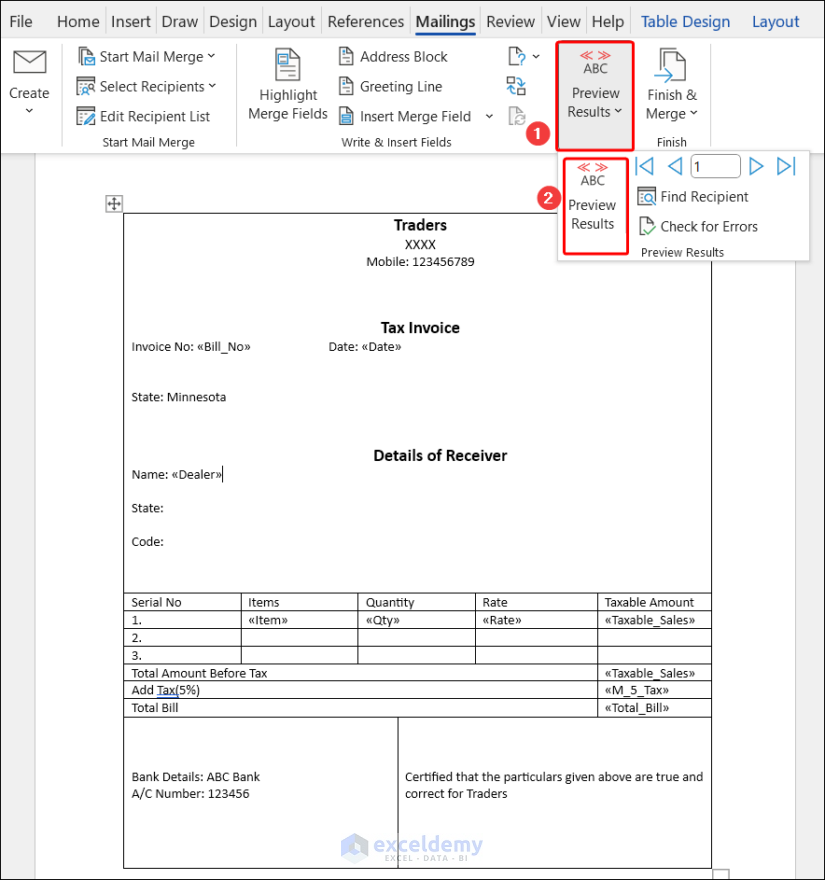 Previewing the result of multiple invoices from Excel Spreadsheet
