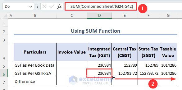 Applying SUM function to get total GST values as per GSTR-2A data