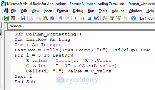 VBA Code to Format All number Values in Column with leading zero