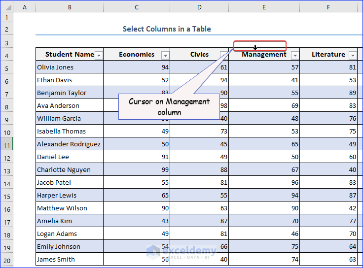 Cursor Placement to Select Colum in Table
