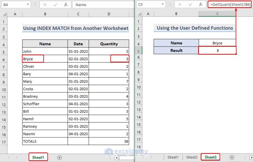 Entering a formula with the GetQuant function to index match from another worksheet in Excel