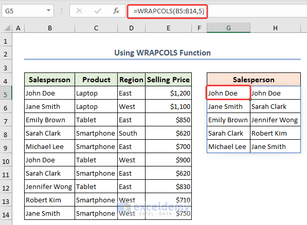 Formula of WRAPCOLS function to organize data