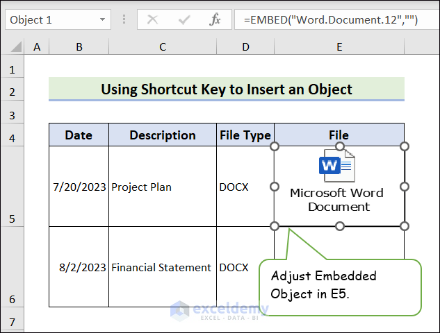 Output of using shortcut keys to insert object in excel