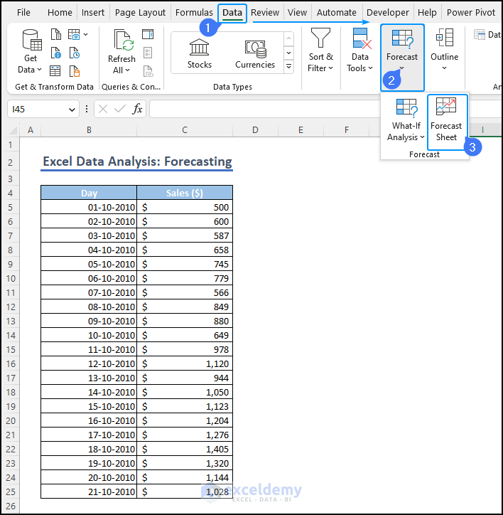 Using the Forecast Sheet command to use an exponential method in Excel