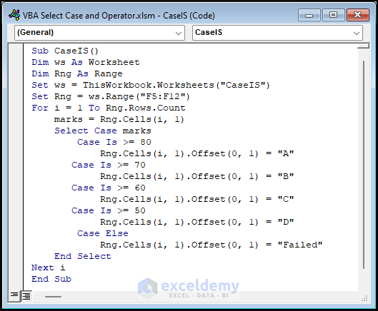 VBA Code with Select Case IS