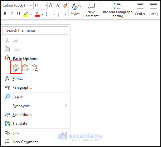 13- choosing Keep Source Formatting (K) option to paste data from pdf to microsoft word