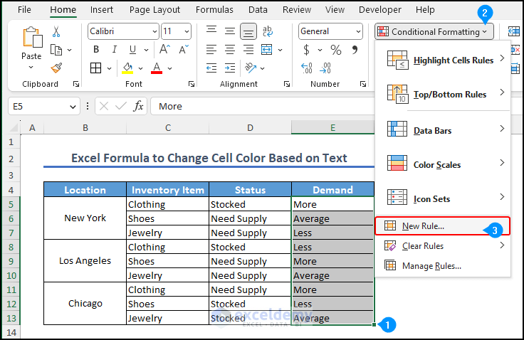 Selecting new rules option from conditional formatting