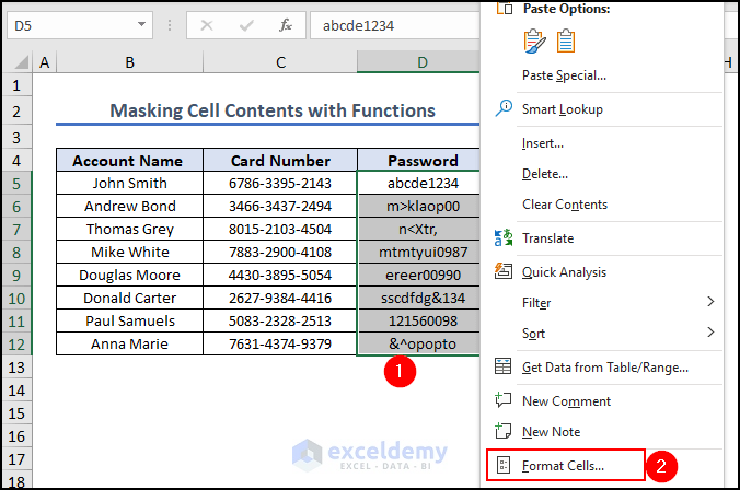 13- selection format cells option to mask cell contents