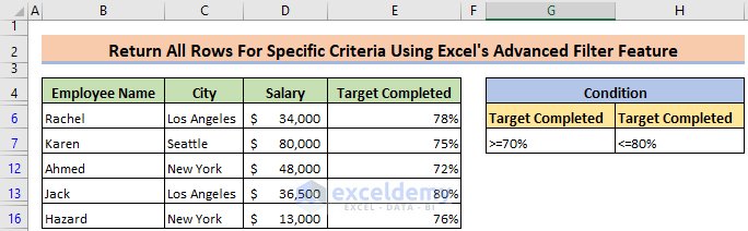Returned all rows that matched the criteria in Excel using the advanced filter feature