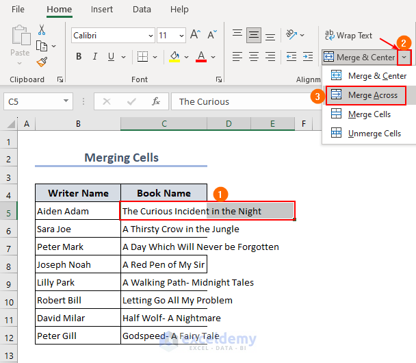 Choosing merge across to fit long text in one cell in Excel