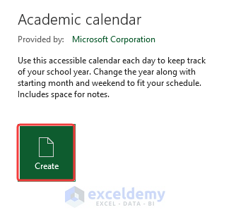 Clicking the Create option to insert calendar template